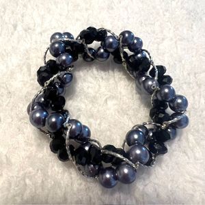 Multi Strand Black Faceted Beads Gray Beads Elastic Chunky Bracelet